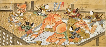 Raikō and his lieutenants bound Shuten douji with the cord, and struck him with a vengeance and Raikou beheaded him