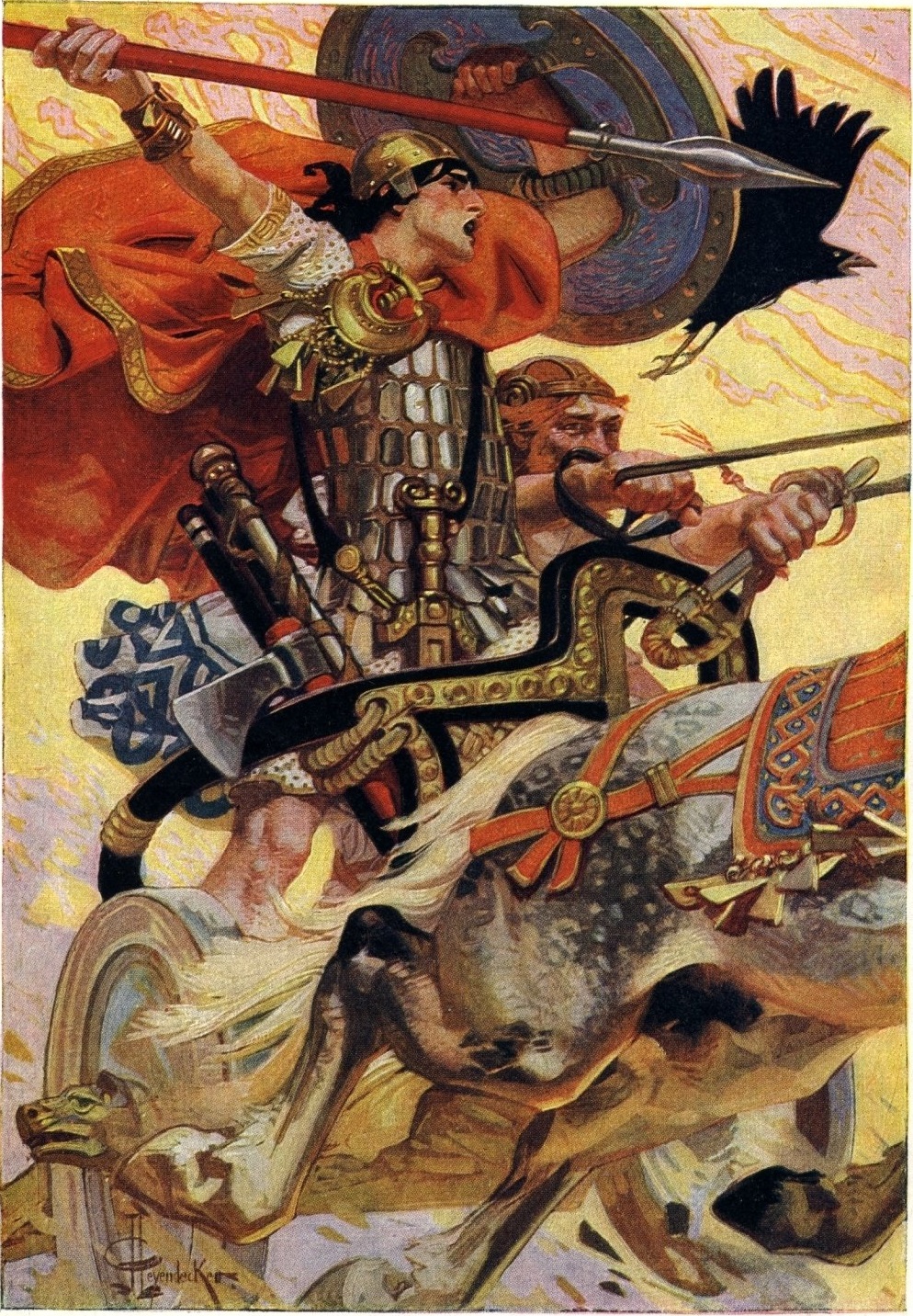 Cú Chulainn in Battle. Cú Chulainn riding his chariot into battle.